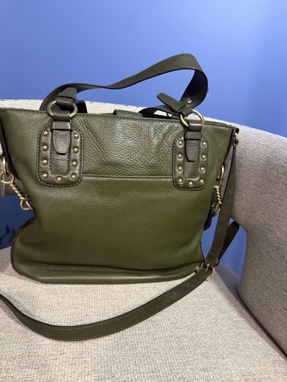 Michael Kors Olive Green Leather Shoulder Tote with Stud Accents - Picture 6 of 9